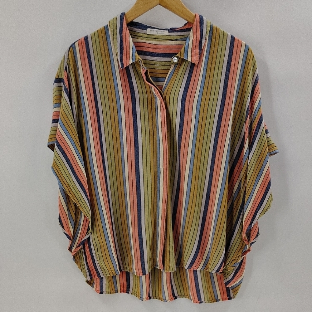 Lovestitch Button Up Blouse Size Medium Stripe Coral Blue Green Flowy Sleeve